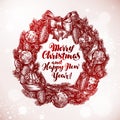 Merry Christmas and Happy New Year. Xmas wreath, garland sketch. Vector illustration