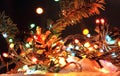 Merry Christmas, Happy New Years garland colorful lights in night snow