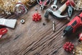 Merry Christmas and Happy New Years Handy Constrcution Tools background concept. Handy House Fix DIY handy tools with Christmas Royalty Free Stock Photo