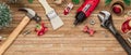 Merry Christmas and Happy New Years Handy Constrcution Tools web banner background concept. Handy House Fix DIY handy tools with Royalty Free Stock Photo