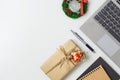 Merry Christmas and Happy new years office work space desktop concept. Flat lay top view with laptop, notebook and Christmas Royalty Free Stock Photo