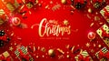 Merry Christmas and Happy New Years Red Poster with gift box and christmas decoration elements for Retail,Shopping or Christmas Royalty Free Stock Photo