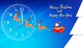 Merry Christmas and Happy Newyear card with Santa Claus and his reindeers across beautiful deep blue sky over midnight time with