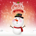 Merry christmas happy snowman cartoon on snow background vector Royalty Free Stock Photo