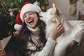 Merry Christmas! Happy woman in santa hat hugging cute dog at stylish christmas tree. Pet and winter holidays. Adorable funny Royalty Free Stock Photo