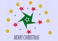 Merry Christmas has written in an illustration with colorful stars and golden yellow balls background Royalty Free Stock Photo