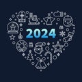 2024 Merry Christmas Heart creative poster or banner in thin line style. Vector 2024 New Year heart shaped illustration Royalty Free Stock Photo