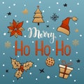Merry christmas ho ho ho handwriting text with xmas decoration, poinsettia flower, pine tree, holly berry, ball, gift, box