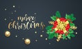 Merry Christmas holiday background template and calligraphy text of golden decoration, gift golden ribbon bow or gold confetti on Royalty Free Stock Photo