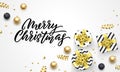 Merry Christmas holiday background template of golden decoration and hand drawn calligraphy font. Royalty Free Stock Photo