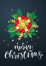 Merry Christmas holiday background template of hand drawn calligraphy quote text for greeting card. Vector golden decoration, gift Royalty Free Stock Photo