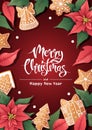 Merry Christmas Holiday card, flyer and invitation. Holiday background with poinsettia and gingerbread cookies. Merry Royalty Free Stock Photo