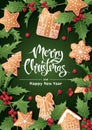 Merry Christmas Holiday card, flyer and invitation. Festive background with holly, berries and gingerbread cookies Royalty Free Stock Photo