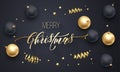 Merry Christmas holiday golden decoration, gold hand drawn calligraphy font for greeting card on black background. Vector Christma Royalty Free Stock Photo
