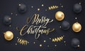 Merry Christmas holiday golden decoration, gold hand drawn calligraphy font for greeting card on black background. Vector Christma Royalty Free Stock Photo