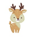 Merry christmas holiday graphic. Cute deer with colorful scarf. Vector hand drawn illustration.