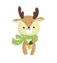 Merry christmas holiday graphic. Cute deer with colorful scarf. Vector hand drawn illustration. Isolated on white background.