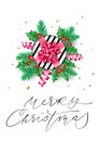 Merry Christmas holiday hand drawn calligraphy text for greeting card background design template. Vector pink gift on Christmas tr Royalty Free Stock Photo