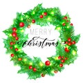 Merry Christmas holiday hand drawn calligraphy text for greeting card background design template. Vector Christmas tree holly wrea Royalty Free Stock Photo