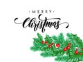 Merry Christmas holiday hand drawn quote calligraphy lettering greeting card background template. Vector Christmas tree holly or p Royalty Free Stock Photo