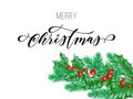 Merry Christmas holiday hand drawn quote calligraphy lettering greeting card background template. Vector Christmas tree pine or fi Royalty Free Stock Photo