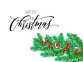 Merry Christmas holiday hand drawn quote calligraphy lettering greeting card background template. Vector Christmas tree pine or fi Royalty Free Stock Photo