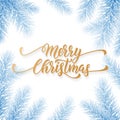 Merry Christmas holiday hand drawn quote golden calligraphy greeting card background frozen blue template. Vector Christmas tree f Royalty Free Stock Photo
