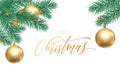 Merry Christmas holiday hand drawn quote golden calligraphy greeting card background template. Vector Christmas tree gold ball or Royalty Free Stock Photo