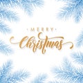 Merry Christmas holiday hand drawn quote golden calligraphy greeting card frozen blue snow ice background template. Vector Christm Royalty Free Stock Photo