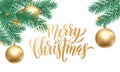 Merry Christmas holiday hand drawn quote golden calligraphy greeting card on white snow background template. Vector Christmas tree Royalty Free Stock Photo