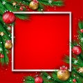 Merry Christmas holiday season vector concept, illustration. Pine tree, festive ball and snow flake decoration on red background Royalty Free Stock Photo