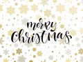 Merry Christmas holiday snowflake pattern background template and hand drawn calligraphy quote text for greeting card. Vector gold Royalty Free Stock Photo