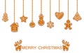 Merry christmas holiday vector illustration of hanging christmas gingerbread cookies. Xmas gingerbread in shape of deers Royalty Free Stock Photo