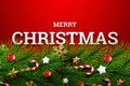 Merry Christmas. Holidays Background with Season Wishes and Border of Realistic Looking Christmas Tree Branches Decorated with