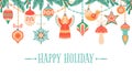 Merry Christmas. Holidays greeting card with traditional new year accessories and happy texting, colorful postcard flat