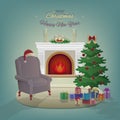 Merry Christmas home interior with a fireplace, Christmas tree, armchair, colorful boxes with gifts, candles
