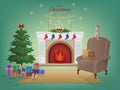 Merry Christmas home interior with a fireplace, Christmas tree, armchair, colorful boxes with gifts. Candles, socks,decorations. Royalty Free Stock Photo
