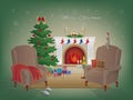 Merry Christmas home interior with a fireplace, Christmas tree, armchairs, colorful boxes with gifts.
