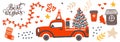 Merry Christmas horisontal card red truck vector illustration