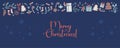 Merry Christmas. Horizontal Banner With Christmas Traditional Symbols And Festive Decor Gingerbread, Gifts, Socks On