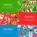 Merry Christmas Horizontal Banners Set With Flat Sticker Icons Royalty Free Stock Photo
