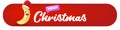 Merry Christmas horizontal battun and banner with funny cartoon banana character wearing santa red hat isolated on red Royalty Free Stock Photo