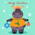 Merry Christmas Hyppo cute with hat, sweater and toys, card. Hand drawn character illustration vector isolated poster