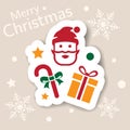 Merry Christmas icon. Holiday xmas symbols. Sticker. Happy new year icons, web. Flat vector illustration. Santa, candy can, gift Royalty Free Stock Photo