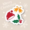 Merry Christmas icon. Holiday xmas symbols. Isolated sticker. Happy new year icons, web banner. Flat vector. Santa hat, bell