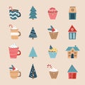 Merry Christmas icon set. Holiday icons. Cups, cupcakes, houses and trees