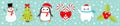 Merry Christmas icon set. Snowman Candy Cane stick red bow. Penguin bird, white polar bear cub wearing Santa Claus hat, scarf.