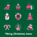 Merry Christmas icon set. Snowman skates mittens wreath boll bell snowball sweets tree on a green background.