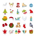 Merry Christmas icons set. Headgear, clothing, footwear, accessories, decorative items. Royalty Free Stock Photo