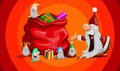 Vector Santa Claus in shock as his assistants collected a bag of gifts in cartoon style